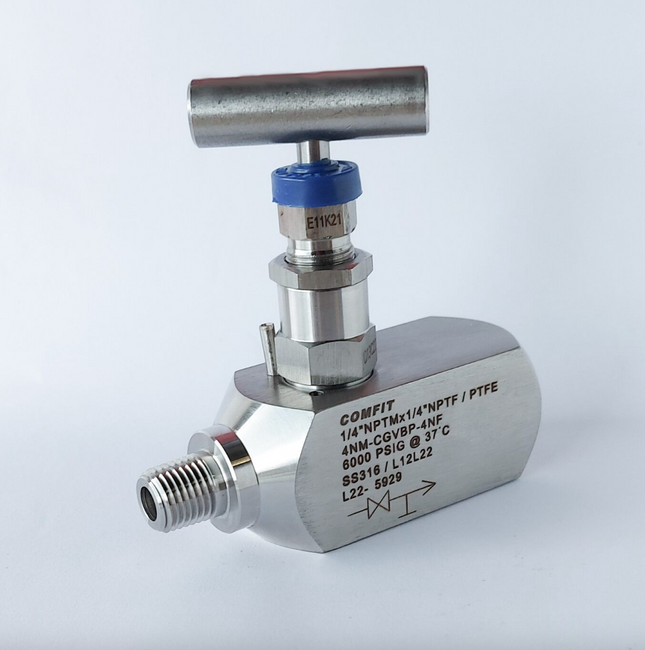 Válvula de aguja de bloqueo y purga ( Gauge valve ) 6000 psi Comfit, macho x hembra, 316SS, empaque grafoil