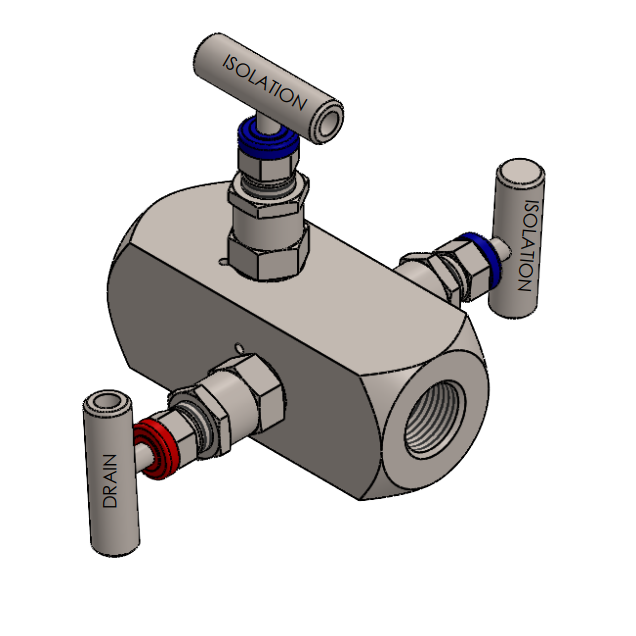 Manifold para instrumentación de 2 vias doble bloqueo y purga Comfit, montaje remoto, 1/2"NPTM x 1/2"NPTF x 1/4"NPTF 6000 PSI,  316SS, C2VIM-RM-07C