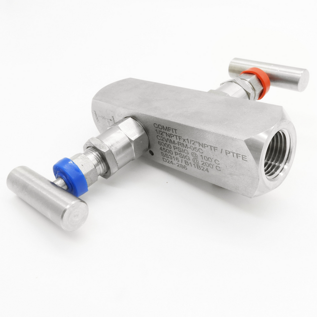 Manifold para instrumentación de 2 vias Comfit, montaje remoto, 1/2"NPTF x 1/2"NPTF x 1/4"NPTF 6000 PSI, 316SS, C2VIM-RM-05C