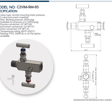 Manifold para instrumentación de 2 vias Comfit, montaje remoto, 1/2"NPTM x 1/2"NPTF x 1/4"NPTF 10000 PSI, 316SS, C2VIM-RM-05-10K