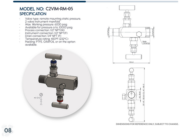 Manifold para instrumentación de 2 vias Comfit, montaje remoto, 3/4"NPTM x 3/4"NPTF x 1/4"NPTF 6000 PSI, 316SS, C2VIM-RM-05-IO12N-6K