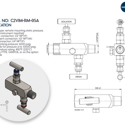 Manifold para instrumentación de 2 vias Comfit, montaje remoto, 3/4"NPTF x 3/4"NPTM x 1/4"NPTF 6000 PSI, 316SS, C2VIM-RM-05A-IO12
