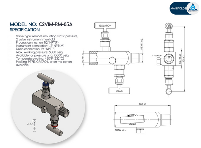 Manifold para instrumentación de 2 vias Comfit, montaje remoto, 3/4"NPTF x 3/4"NPTM x 1/4"NPTF 6000 PSI, 316SS, C2VIM-RM-05A-IO12