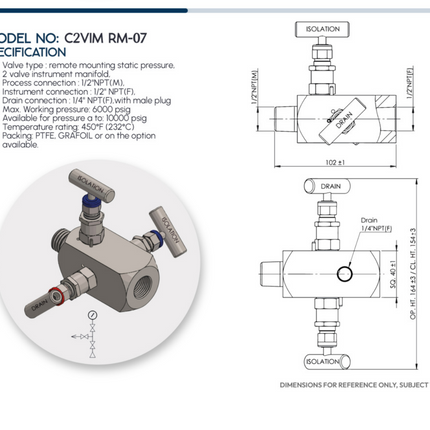 Manifold para instrumentación de 2 vias doble bloqueo y purga Comfit, montaje remoto, 1/2"NPTM x 1/2"NPTF x 1/4"NPTF 6000 PSI,  316SS, C2VIM-RM-07A