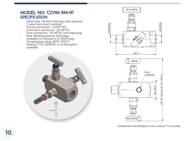 Manifold para instrumentación de 2 vias doble bloqueo y purga Comfit, montaje remoto, 1/2"NPTM x 1/2"NPTF x 1/4"NPTF 6000 PSI,  316SS, C2VIM-RM-07A