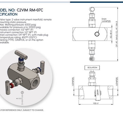 Manifold para instrumentacion de 2 vias doble bloqueo y purga Comfit, montaje remoto, empaque grafoil, 1/2"NPTFx 1/2"NPTF x 1/4"NPTF 6000 PSI, 316SS, C2VIM-RM-07C-P1