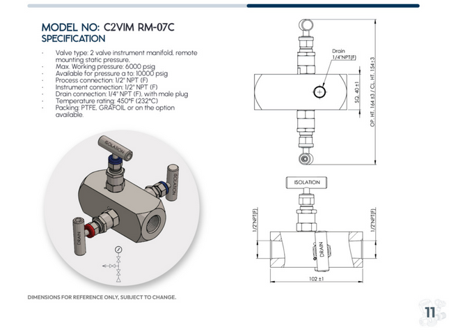 Manifold para instrumentacion de 2 vias doble bloqueo y purga Comfit, montaje remoto, empaque grafoil, 1/2"NPTFx 1/2"NPTF x 1/4"NPTF 10000 PSI, 316SS, C2VIM-RM-07C-P1-10K