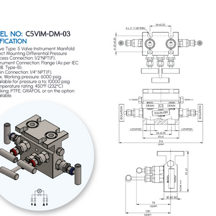 Manifold para instrumentacion de 5 vias Comfit, montaje directo, 1/2"NPTF x Flanged x 1/4"NPTF con tapón de venteo, 316SS, C5VIM-DM-03-4CVP
