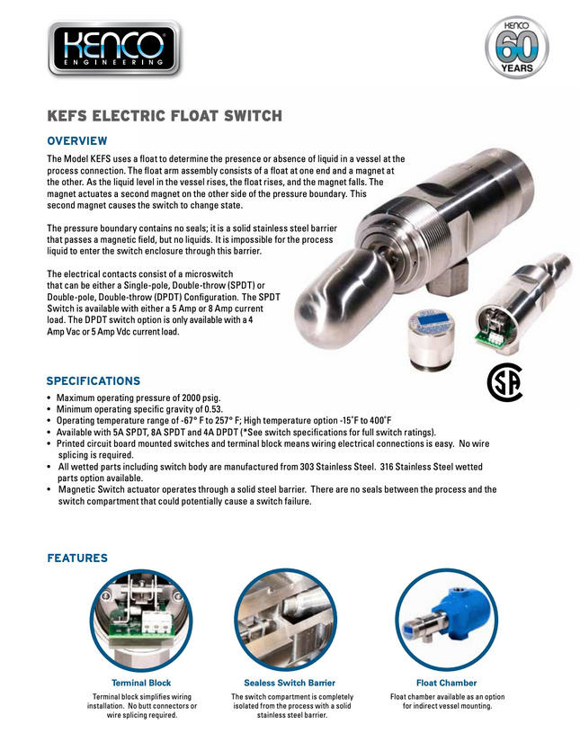 Interruptor de nivel eléctrico tipo flotador Kenco, serie KEFS