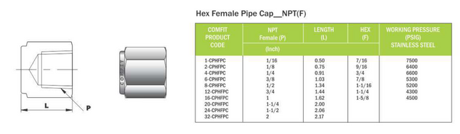 Tapa roscada hexagonal FNPT Comfit, 316SS