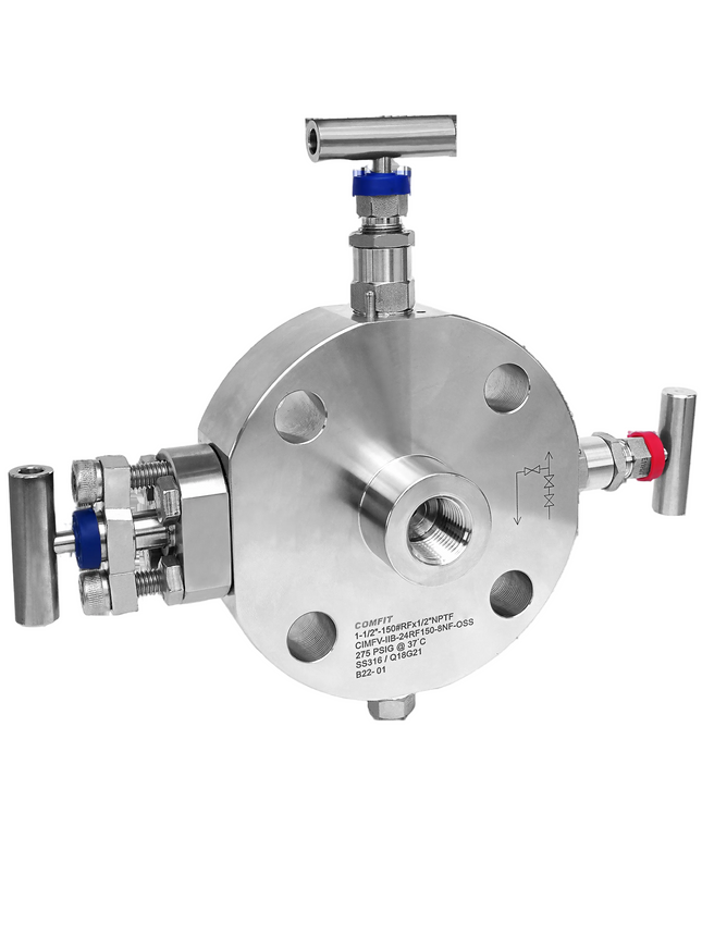 Monobrida de doble bloqueo y purga para instrumentación Comfit, RF, OS&Y, Conexión a instrumento 1/2"FNPT, 316SS