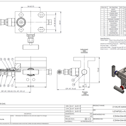 Manifold para instrumentación de 2 vias Comfit, montaje directo, 316SS, C2VIM-DM-05