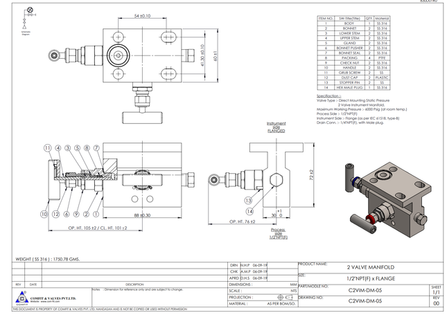 Manifold para instrumentación de 2 vias Comfit, montaje directo, 316SS, C2VIM-DM-05