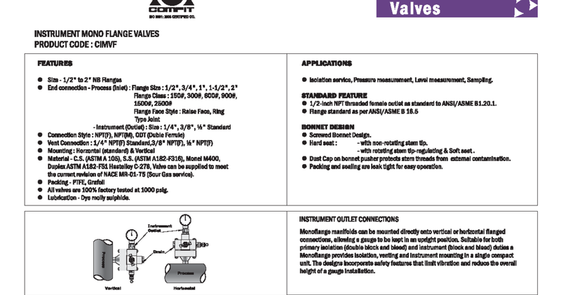 Monobrida para Bloqueo y purga para instrumentacion CIMFV-IB, Conexion a instrumento 1/2"FNPT