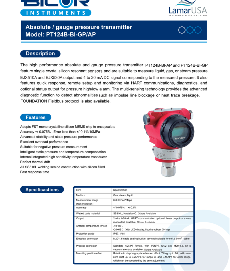 Transmisor de presion manometrica inteligente BICOR INSTRUMENTS, Exactitud 0.075%